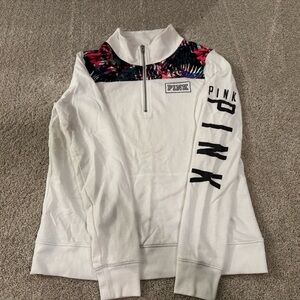 PINK Victoria Secret PINK Quarter zip pullover Tropical Panel Logo Sweatshirt